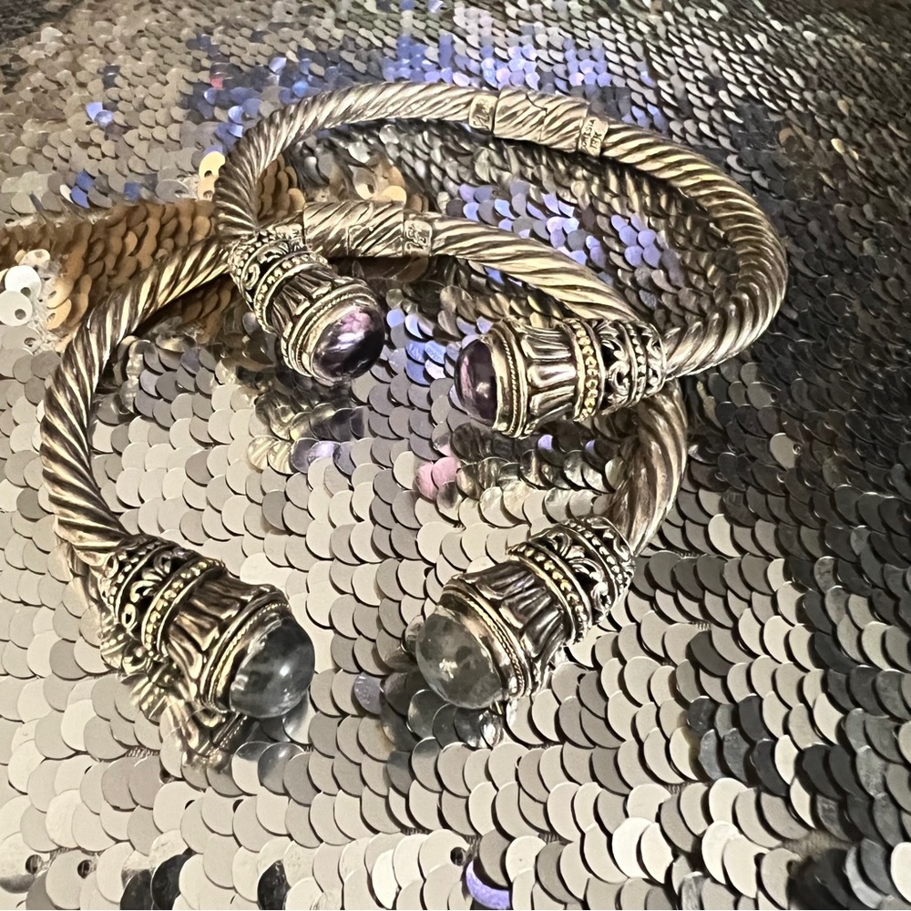 Elegant Silver and Gold Indonesian cuffs with amethyst and moonstone stones